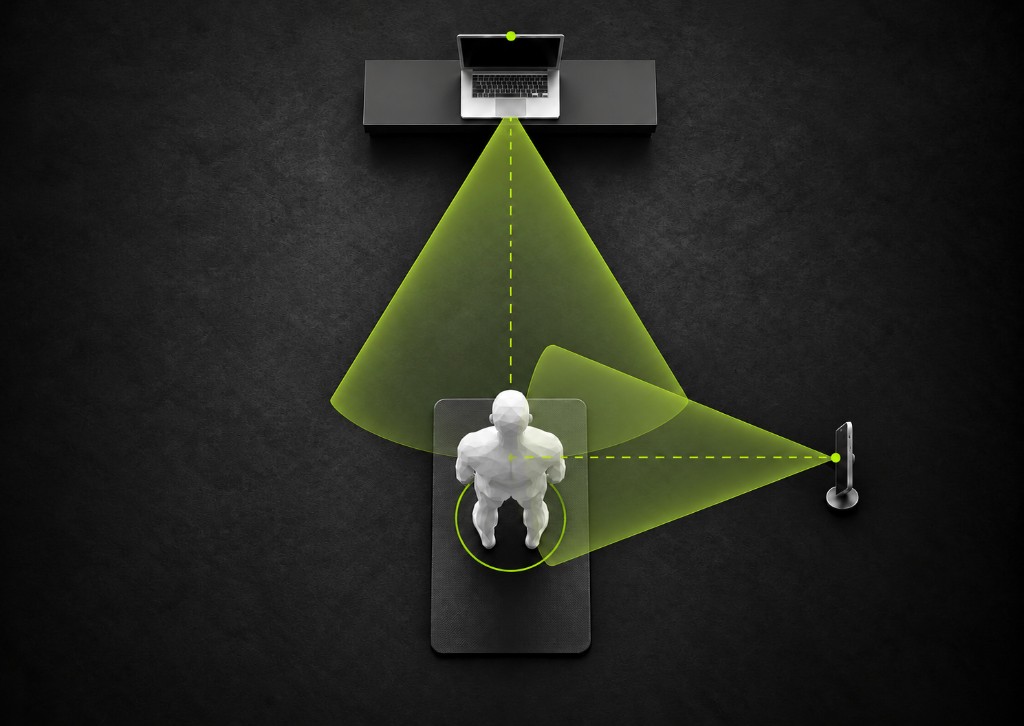 Stand facing your laptop. Place a phone at your side, at a right angle, with both cameras facing you.