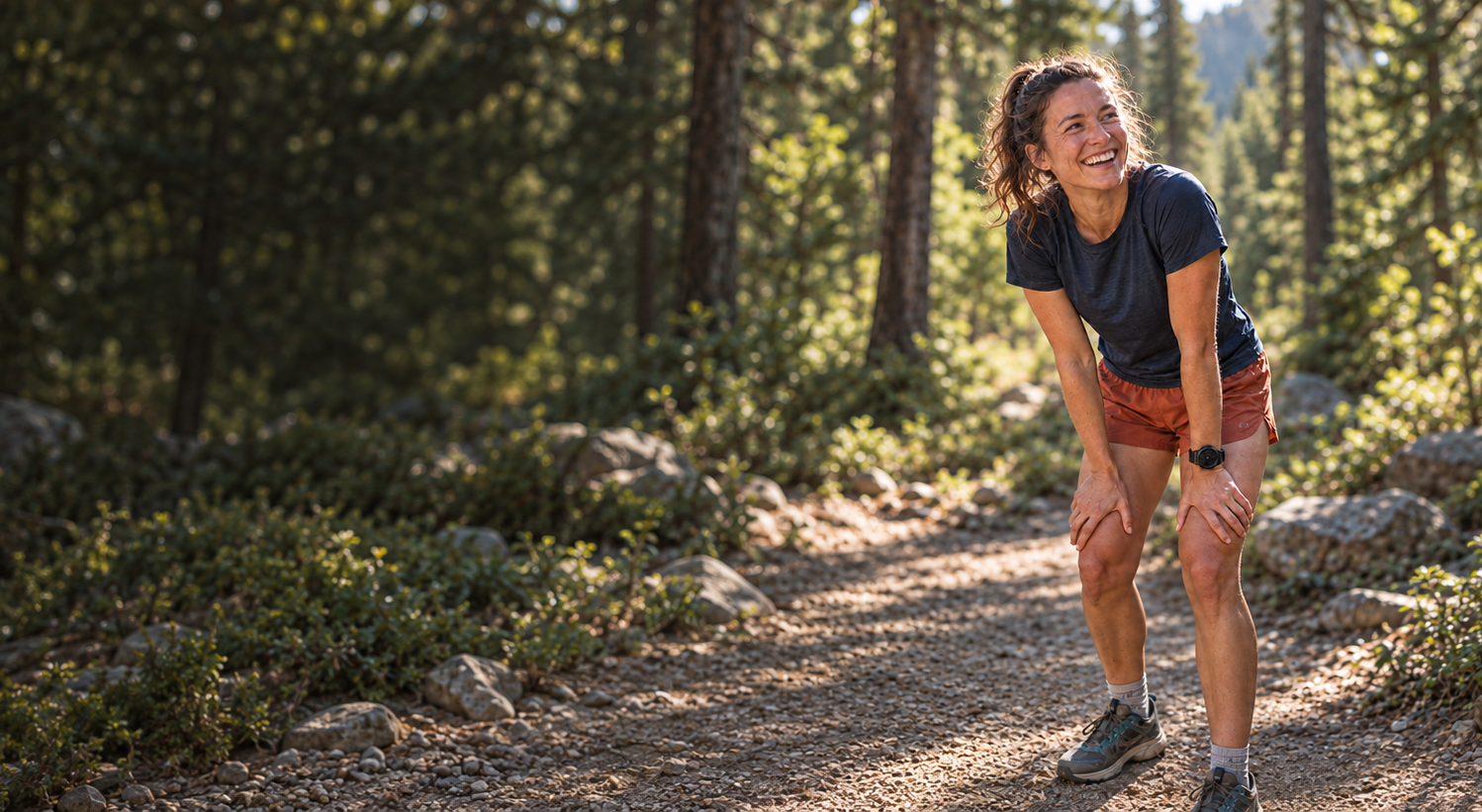 A woman athlete pausing on a forest trail, smiling with her hands on her knees